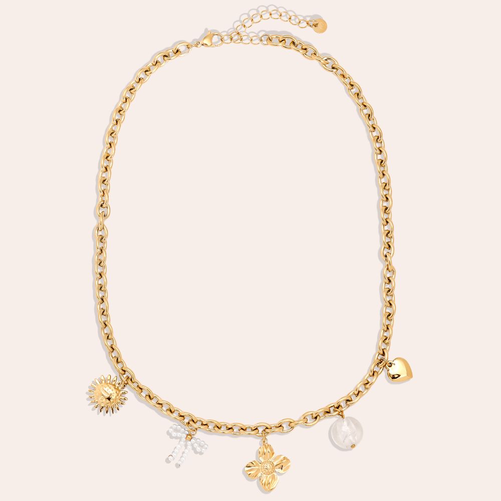 43cm zon, bloem, hart en parel hanger roestvrijstalen ketting