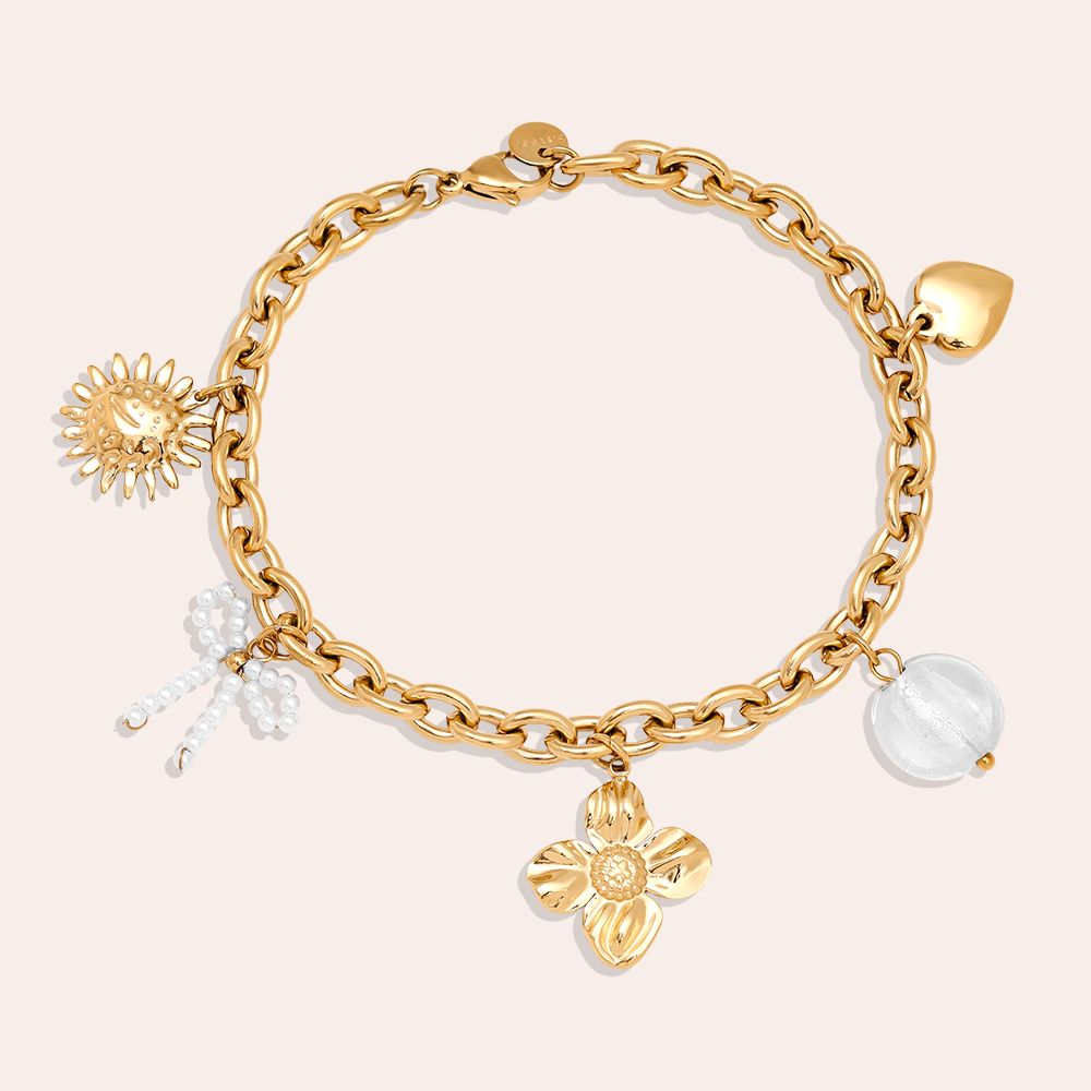 17cm bloem, strik en parel hanger roestvrij stalen armband