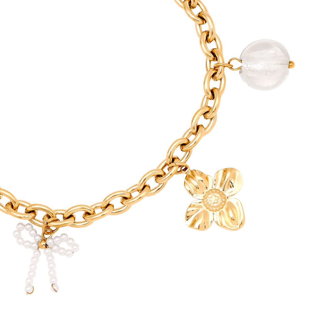 17cm bloem, strik en parel hanger roestvrij stalen armband