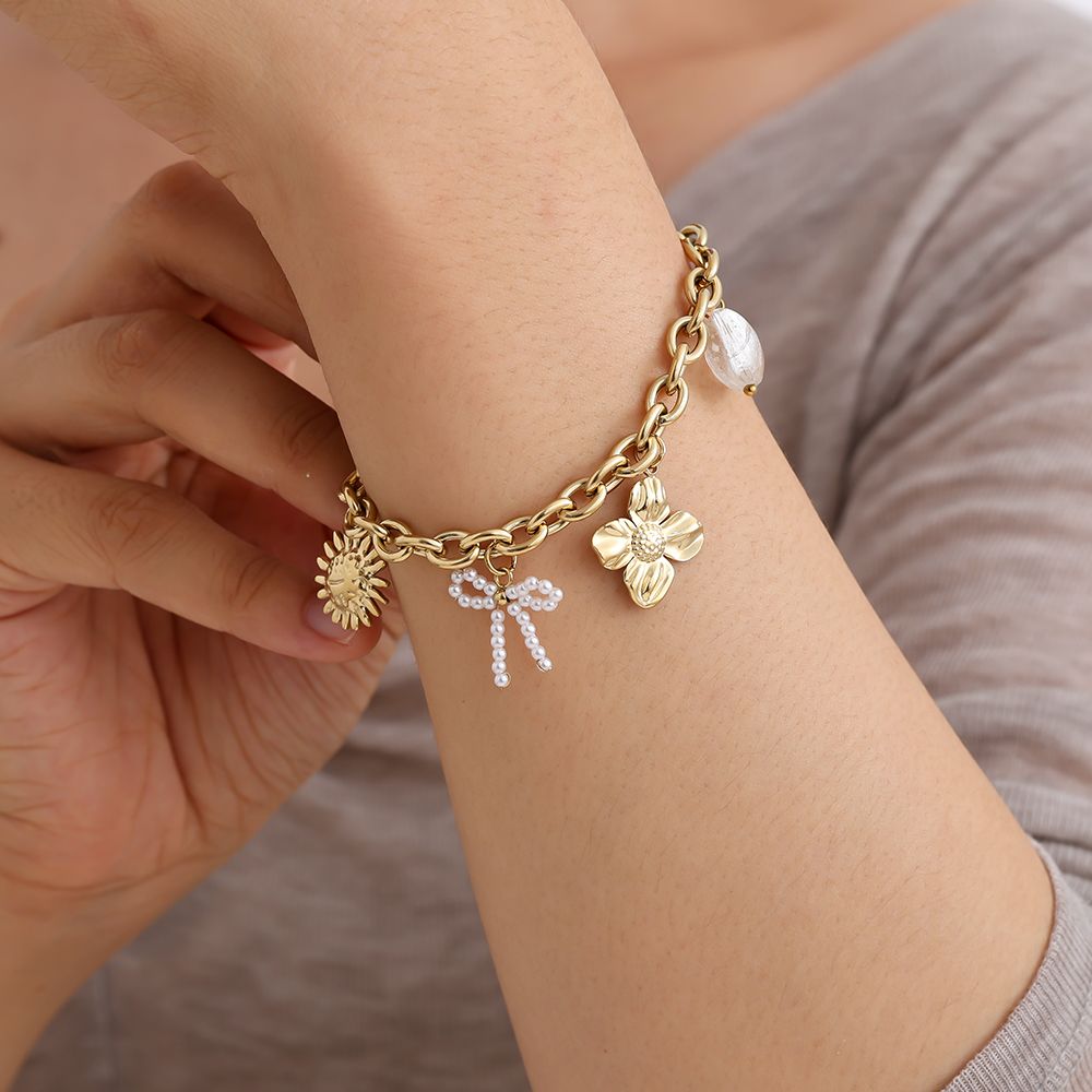 17cm bloem, strik en parel hanger roestvrij stalen armband
